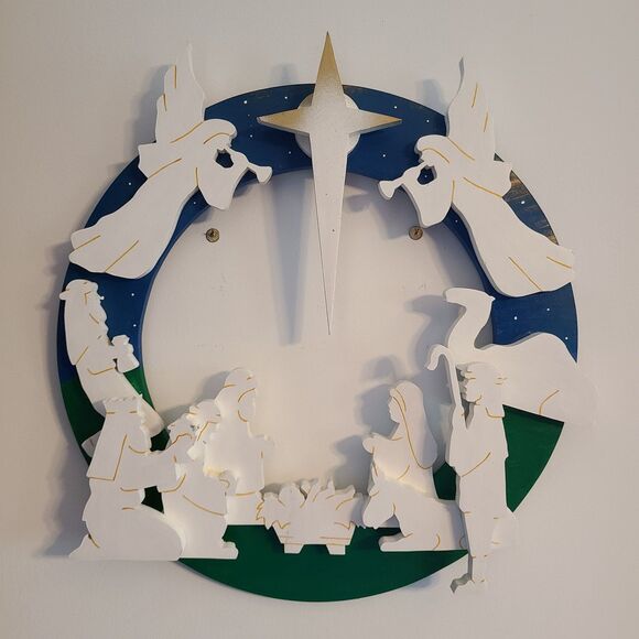 Vintage 3-D Wood Holiday Nativity Wreath Handmade Christmas Scroll Saw Pattern - Picture 1 of 10